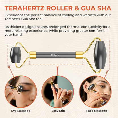TeraRX® Terahertz Gua Sha & Facial Roller Set – 100% Authentic Terahertz Stone Face Roller to Reduce Puffiness, Improve Wrinkle Lines & Relieve Facial Tension – Perfect for Eye Massage and Relaxation