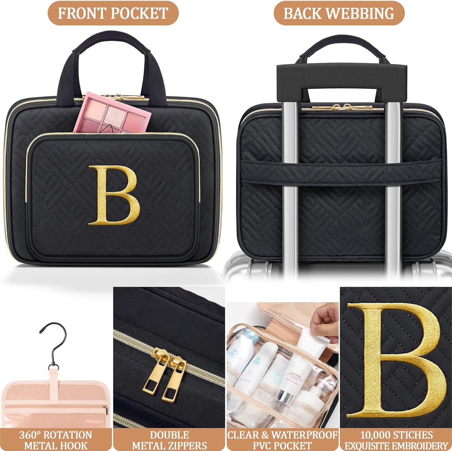 Personalized Gifts for Women, Initial Toiletry Bag Hanging Travel Organizer & Makeup Cosmetic Bag with Embroidery Letter Teacher Appreciation Gift Birthday Valentines Gifts for Mom Wife Friend Sister