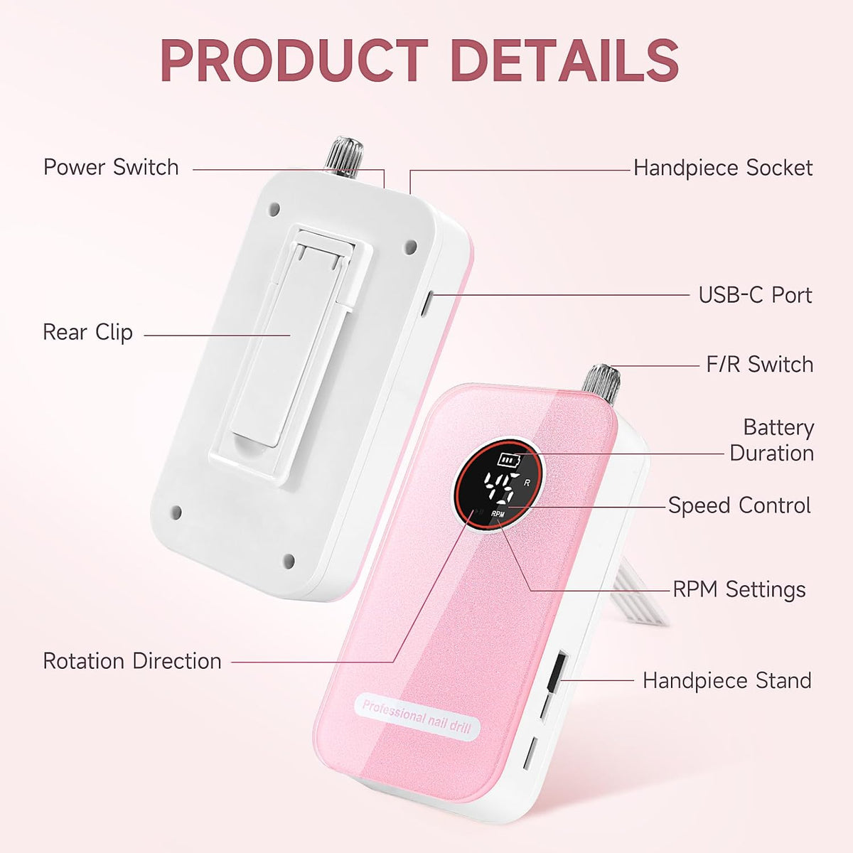 Professional 45000RPM Rechargeable Cordless Electric Nail Drill for Acrylic and Gel Nails