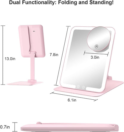 Travel Makeup Mirror with Lights and 10X Magnification, Portable Rechargeable LED Vanity Mirror - Pink