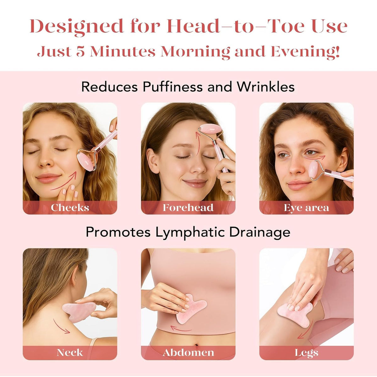Rose Quartz Roller & Gua Sha Set, Cooling Face Roller for Depuffing & Lymphatic Massage