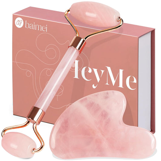 Rose Quartz Roller & Gua Sha Set, Cooling Face Roller for Depuffing & Lymphatic Massage