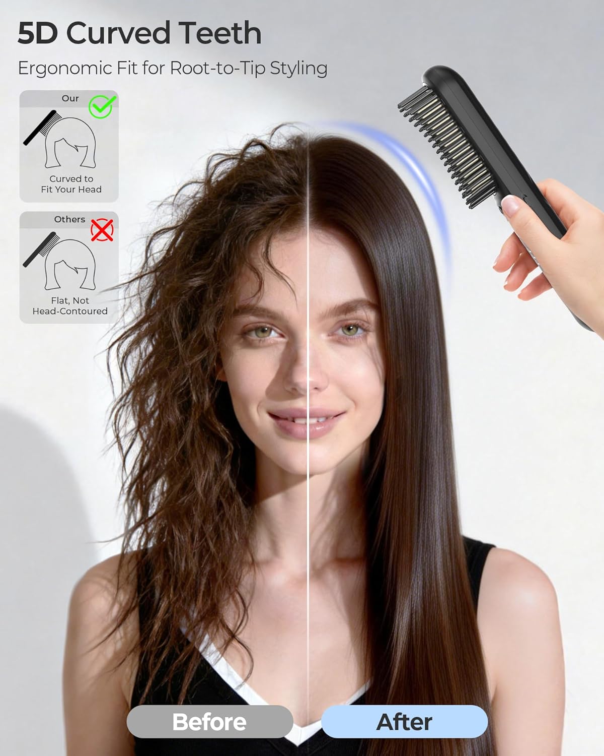 Cordless Hair Straightener Brush with Cool Air, Portable Mini Travel Styler for Thick Curly Hair