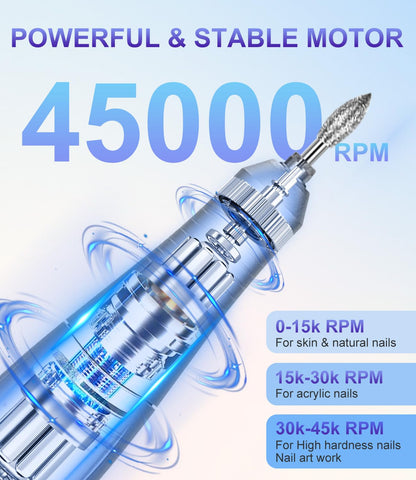 Portable Professional Nail Drill 45000 RPM, Rechargeable Electric File for Acrylic Gel