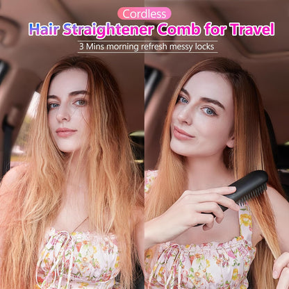 LCD Screen Cordless Hair Straightener and Curler 2 in 1, Rechargeable Negative Ionic Brush