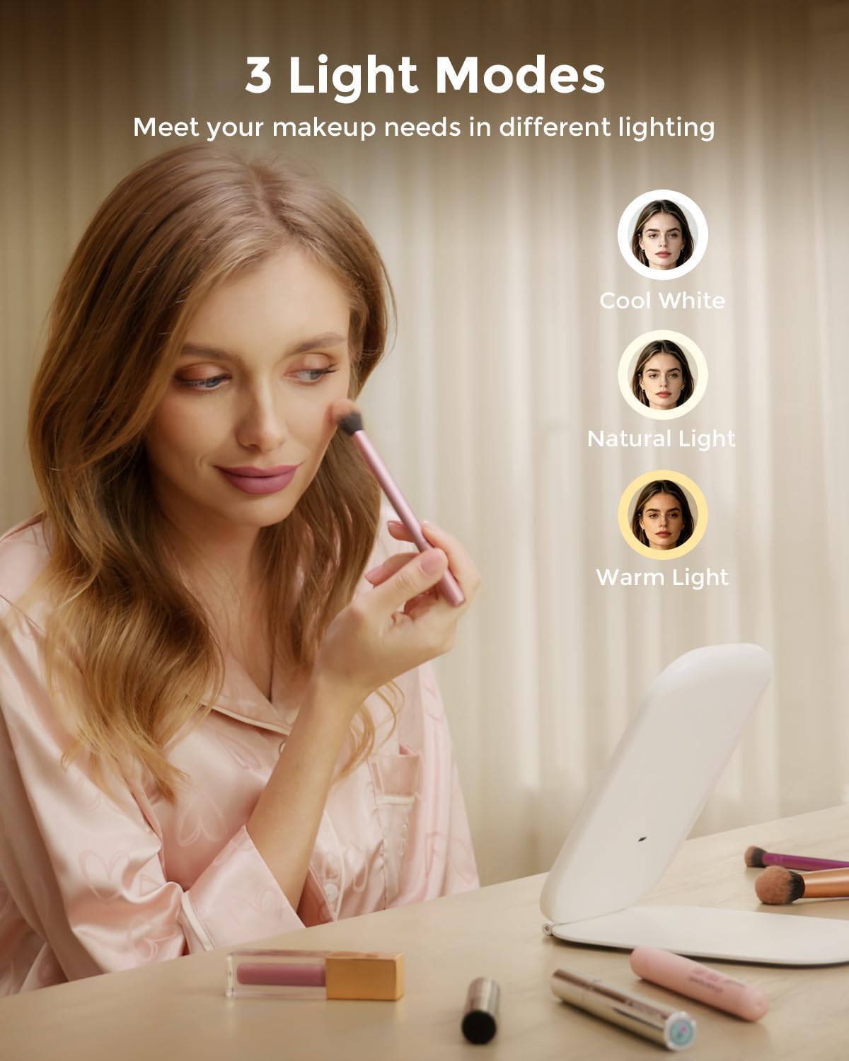 Travel Mirror with LED Light, Rechargeable Portable Lighted Makeup Mirror, 3 Lighting Modes, 7x5 Inch