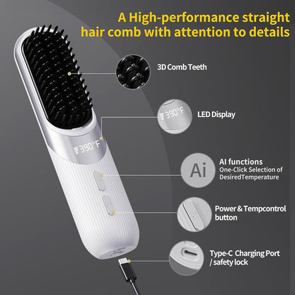 Cordless 2-in-1 AI Smart Hair Styler - Fast 30s Heat, USB Rechargeable Portable Travel Comb
