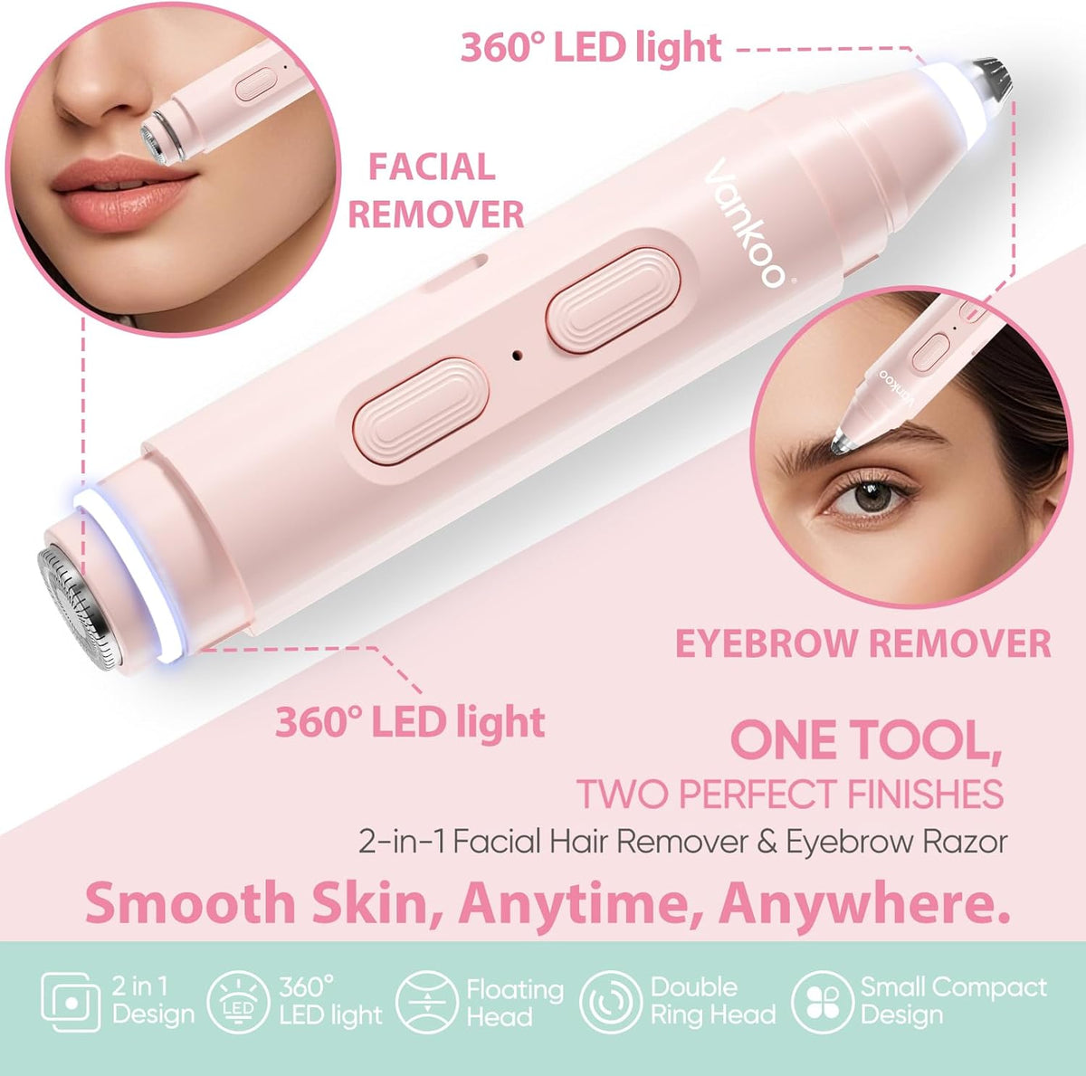 2-in-1 Facial Hair Remover & Eyebrow Trimmer - Rechargeable Face Shaver with LED Light