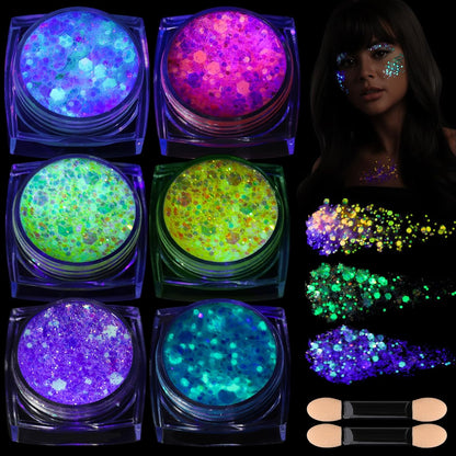 6 Colors Glow in The Dark Glitter Gel for Face, Body, and Hair - UV Black Light Party Makeup