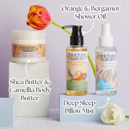 Nurture by Nature New Mom Self Care Gift Set with Body Scrub, Lavender Pillow Spray, Sleep Mask, Body Butter, Shower Gel & Bath Salts - Vegan Friendly - Stocking Stuffer, Baby Shower Gift Basket