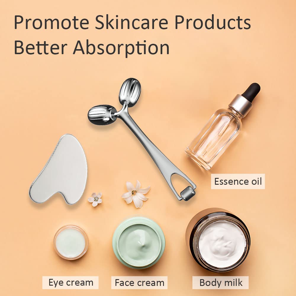Stainless Steel Gua Sha Facial Tools and Face Roller Set for Skincare and Sculpting