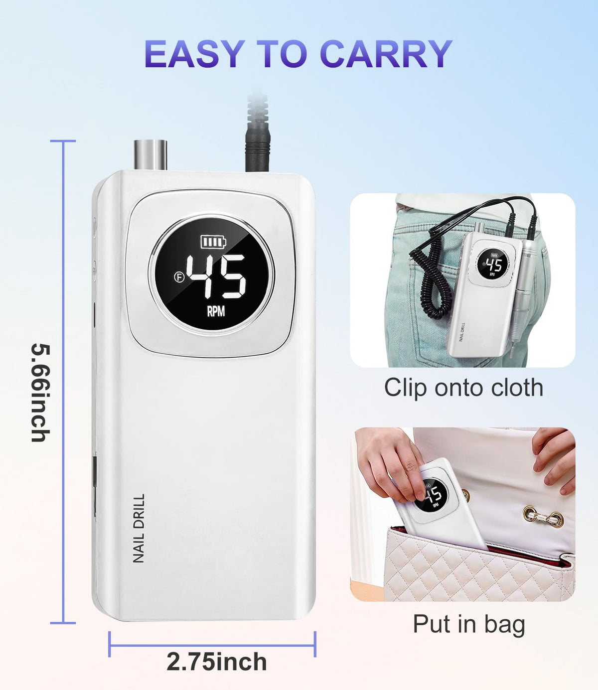 Portable Professional Nail Drill 45000 RPM, Rechargeable Electric File for Acrylic Gel