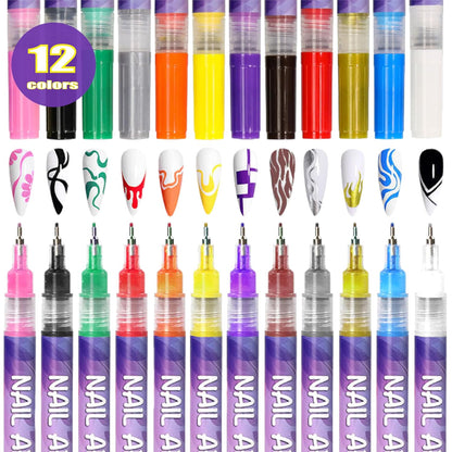 12 Colors Nail Art Pens Set with 0.5mm Fine Tip for Professional Nail Design and DIY Manicure