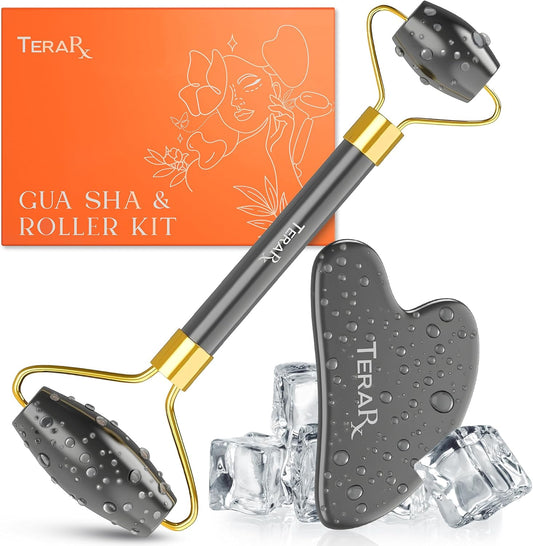 TeraRX® Terahertz Gua Sha & Facial Roller Set – 100% Authentic Terahertz Stone Face Roller to Reduce Puffiness, Improve Wrinkle Lines & Relieve Facial Tension – Perfect for Eye Massage and Relaxation