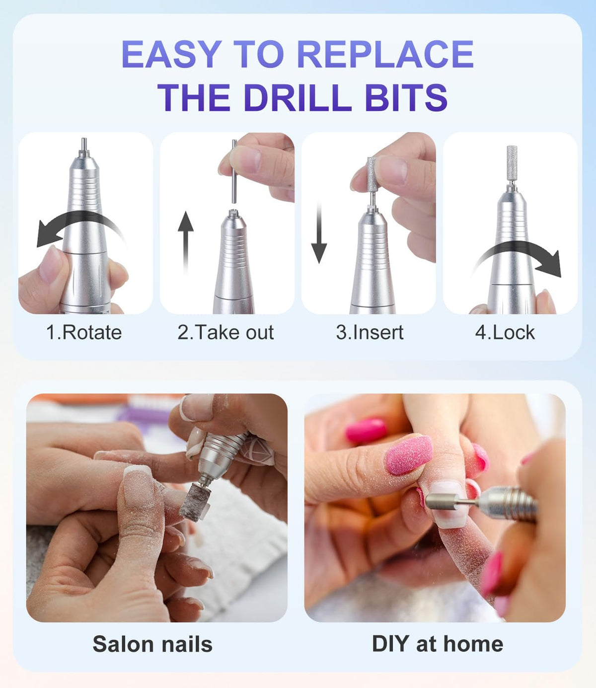 Portable Professional Nail Drill 45000 RPM, Rechargeable Electric File for Acrylic Gel