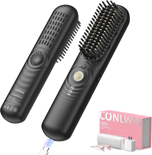 Cordless Hair Straightener Brush with Cool Air, Portable Mini Travel Styler for Thick Curly Hair