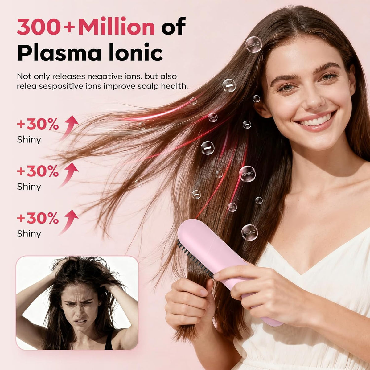 Cordless Hair Straightener Brush for Short Hair, Portable with 300M Negative Ions & 4 Heat Settings