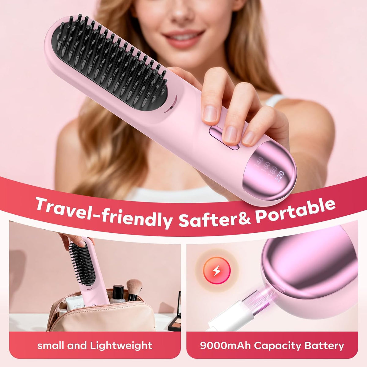Cordless Hair Straightener Brush for Short Hair, Portable with 300M Negative Ions & 4 Heat Settings