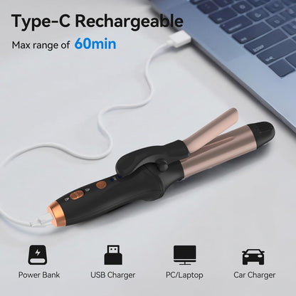 Cordless Curling Iron: Mini USB Rechargeable 4000mAh Hair Curler with 3 Temp Settings and Negative Ions