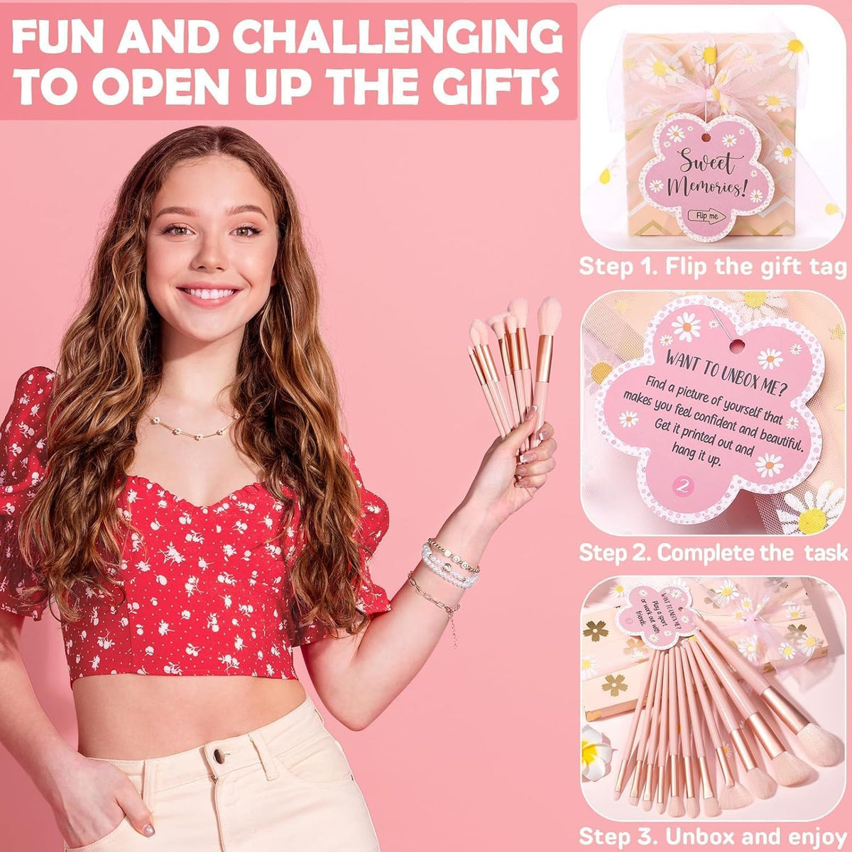 8 PCS Easter Basket Gifts for Tween & Teen Girls, Trendy Makeup Brushes & Bag Set