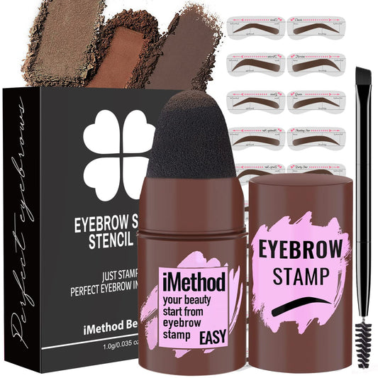 Eyebrow Stamp and Stencil Kit - Perfect Brow Makeup Pomade with 20 Shaping Stencils, Long-Lasting Brown