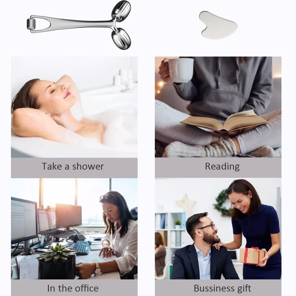 Stainless Steel Gua Sha Facial Tools and Face Roller Set for Skincare and Sculpting