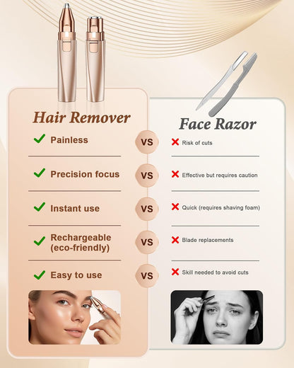 2 in 1 Rechargeable Facial Hair Remover and Eyebrow Trimmer for Women - Painless Electric Face Shaver