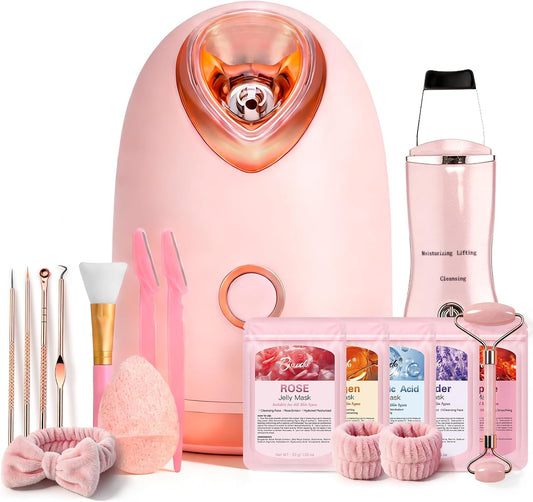 Facial Steamer Spa Kit with Skin Scrubber and 8-Piece Professional Skincare Tool Set