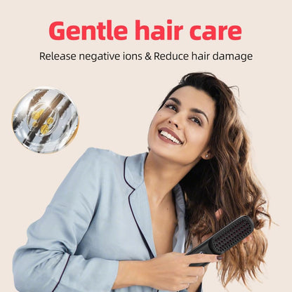 Cordless Hair Straightener Brush - Portable Mini Hot Comb with Negative Ion and LED Display