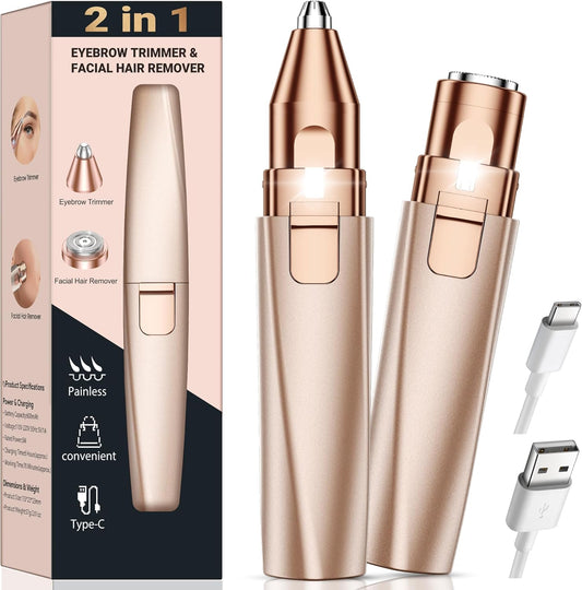 2 in 1 Rechargeable Eyebrow Trimmer and Facial Hair Remover for Women - Painless Electric Face Shaver