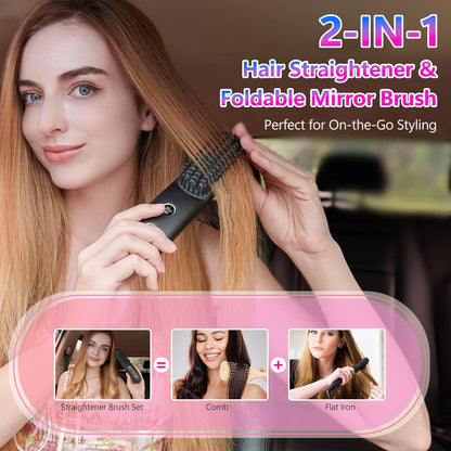 LCD Screen Cordless Hair Straightener and Curler 2 in 1, Rechargeable Negative Ionic Brush
