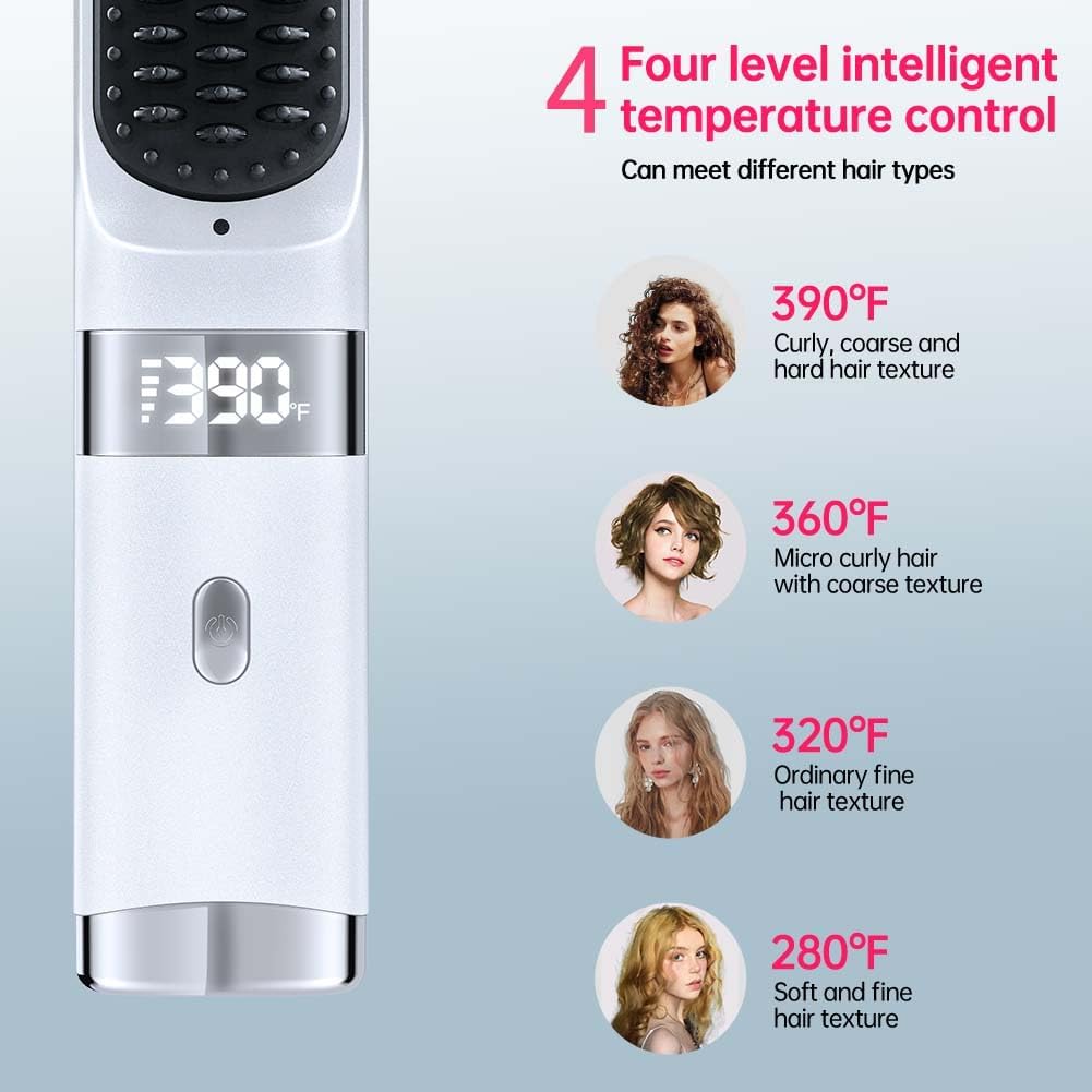 Cordless Hair Straightener Brush - Portable USB Charging Comb with LCD Display (White)