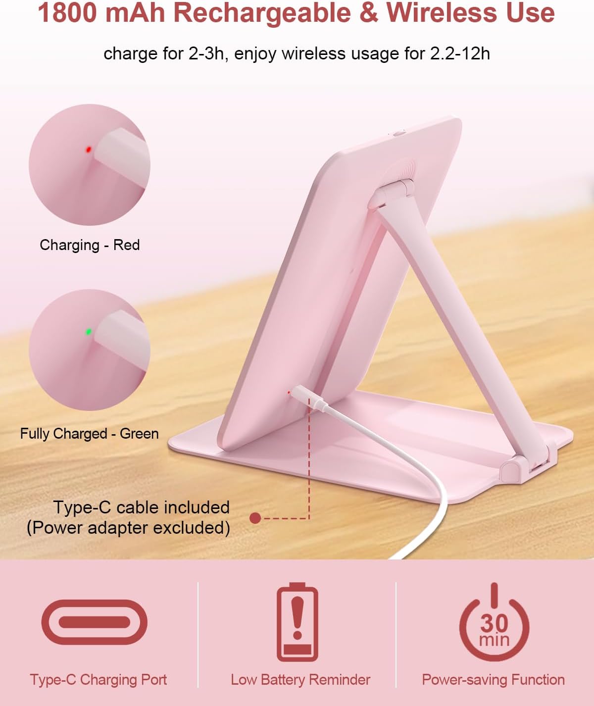 Travel Makeup Mirror with Lights and 10X Magnification, Portable Rechargeable LED Vanity Mirror - Pink