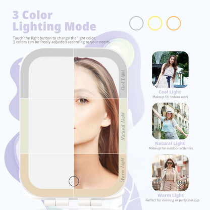Portable Travel Makeup Mirror with 3 Adjustable Light Settings, USB-Rechargeable Vanity Mirror
