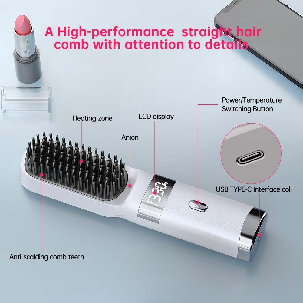 Cordless Hair Straightener Brush - Portable USB Charging Comb with LCD Display (White)