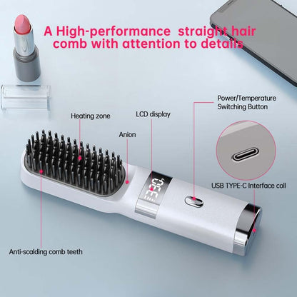 Cordless Hair Straightener Brush - Portable USB Charging Comb with LCD Display (White)