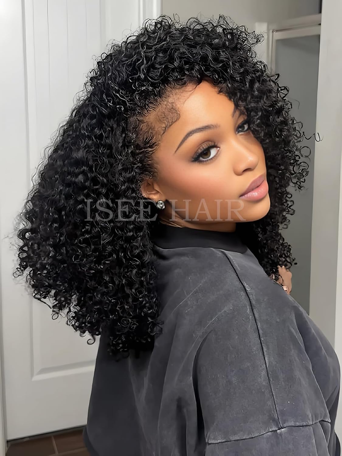 3-in-1 Half Wig Human Hair Glueless Kinky Curly Drawstring Seamless Clip-In Flip Over Wig 180% Density 18 Inch