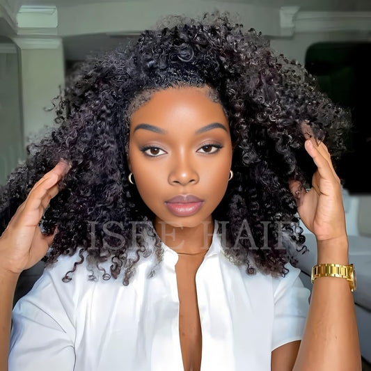 3-in-1 Half Wig Human Hair Glueless Kinky Curly Drawstring Seamless Clip-In Flip Over Wig 180% Density 18 Inch