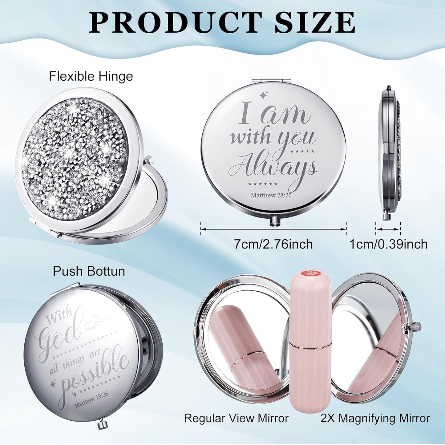 Thyle 12 Pcs Easter Christian Compact Mirror Gifts for Women Bible Study Group Gift Verse Bulk Hand Makeup Compact Purse Religious Baptism for Thank You Holy Communion(Same,Silver)