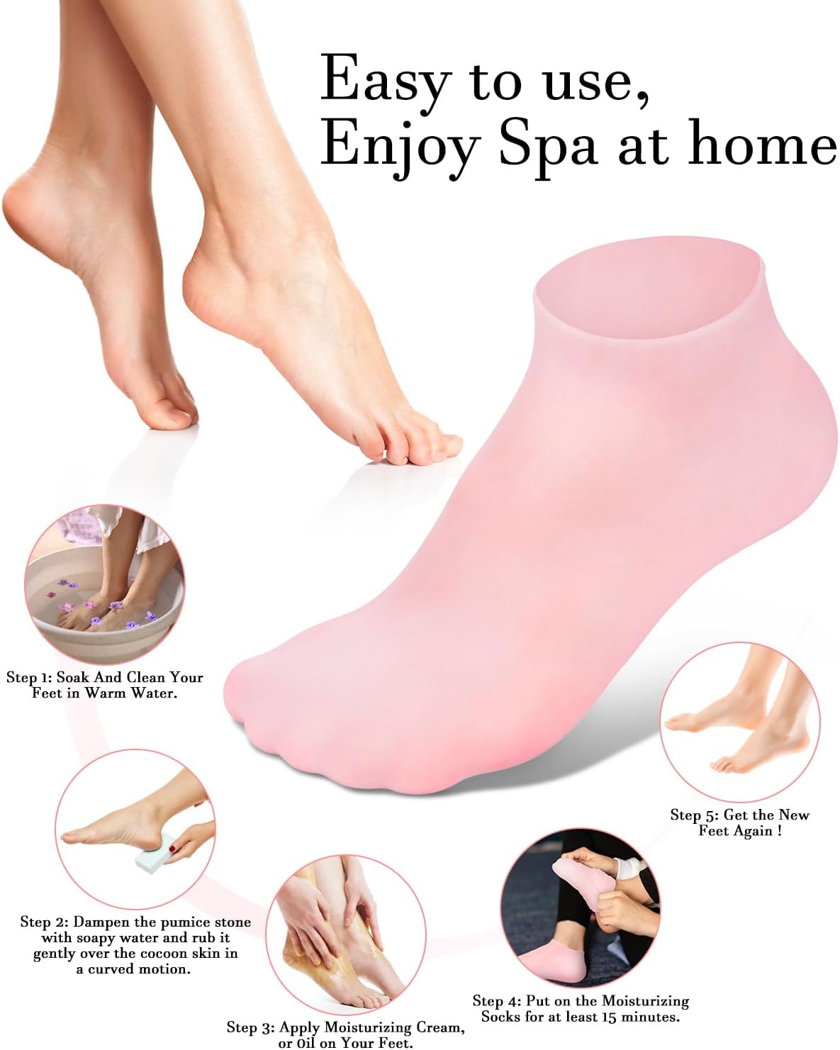 Silicone Moisturizing Socks for Dry Cracked Feet, Soft Gel Spa Pedicure Socks for Heel Care, Pink