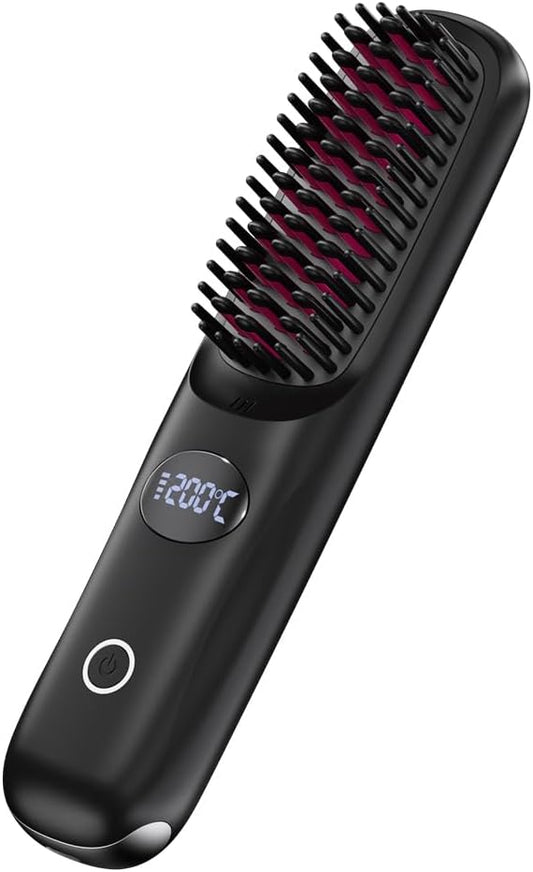 Cordless Hair Straightener Brush - Portable Mini Hot Comb with Negative Ion and LED Display