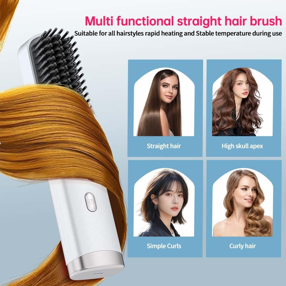Cordless Hair Straightener Brush - Portable USB Charging Comb with LCD Display (White)