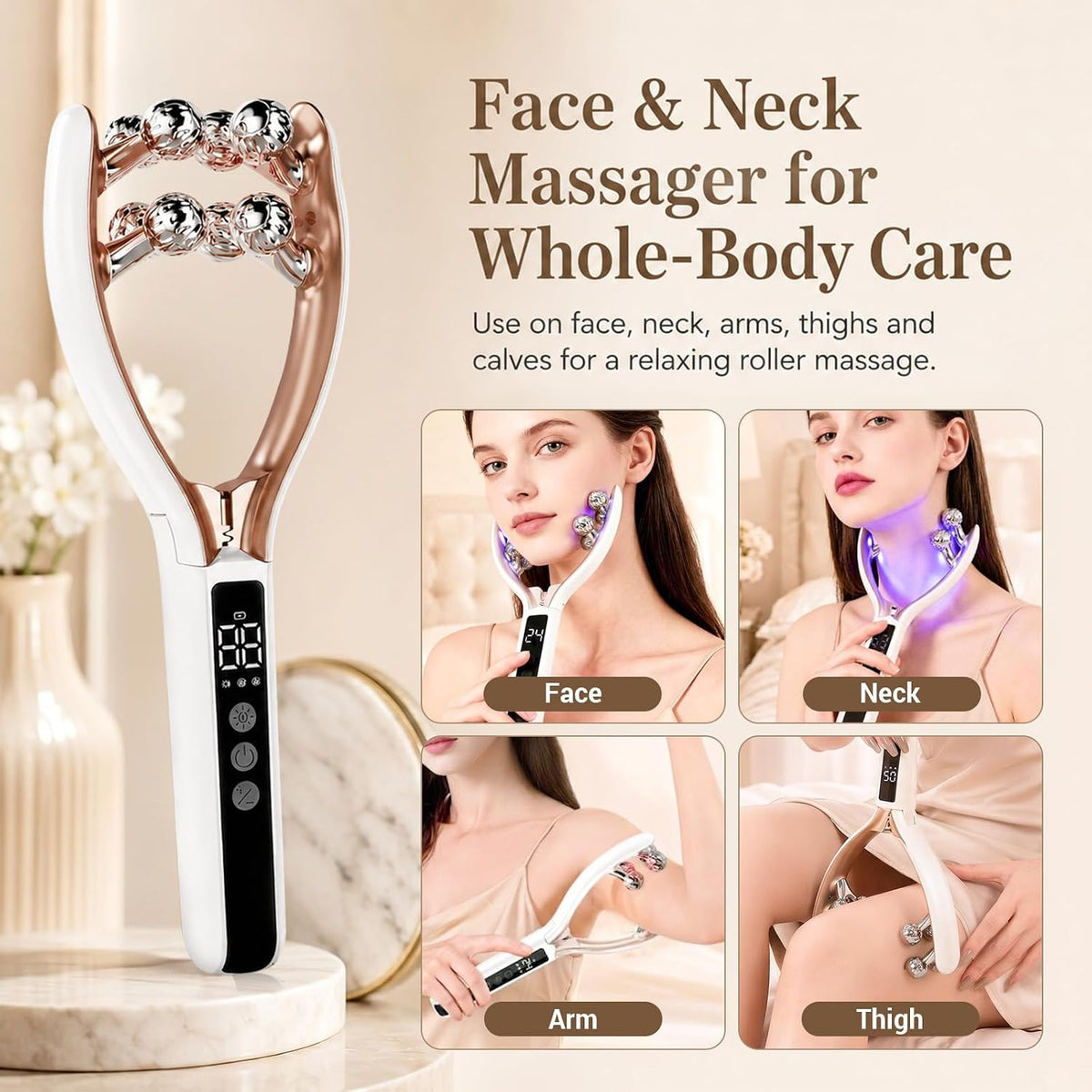 Wireless 8-Roller 3D Face Massager with LED Microcurrent EMS & V-Shape Sculpting
