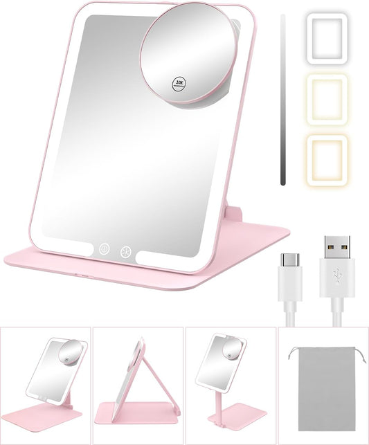 Travel Makeup Mirror with Lights and 10X Magnification, Portable Rechargeable LED Vanity Mirror - Pink