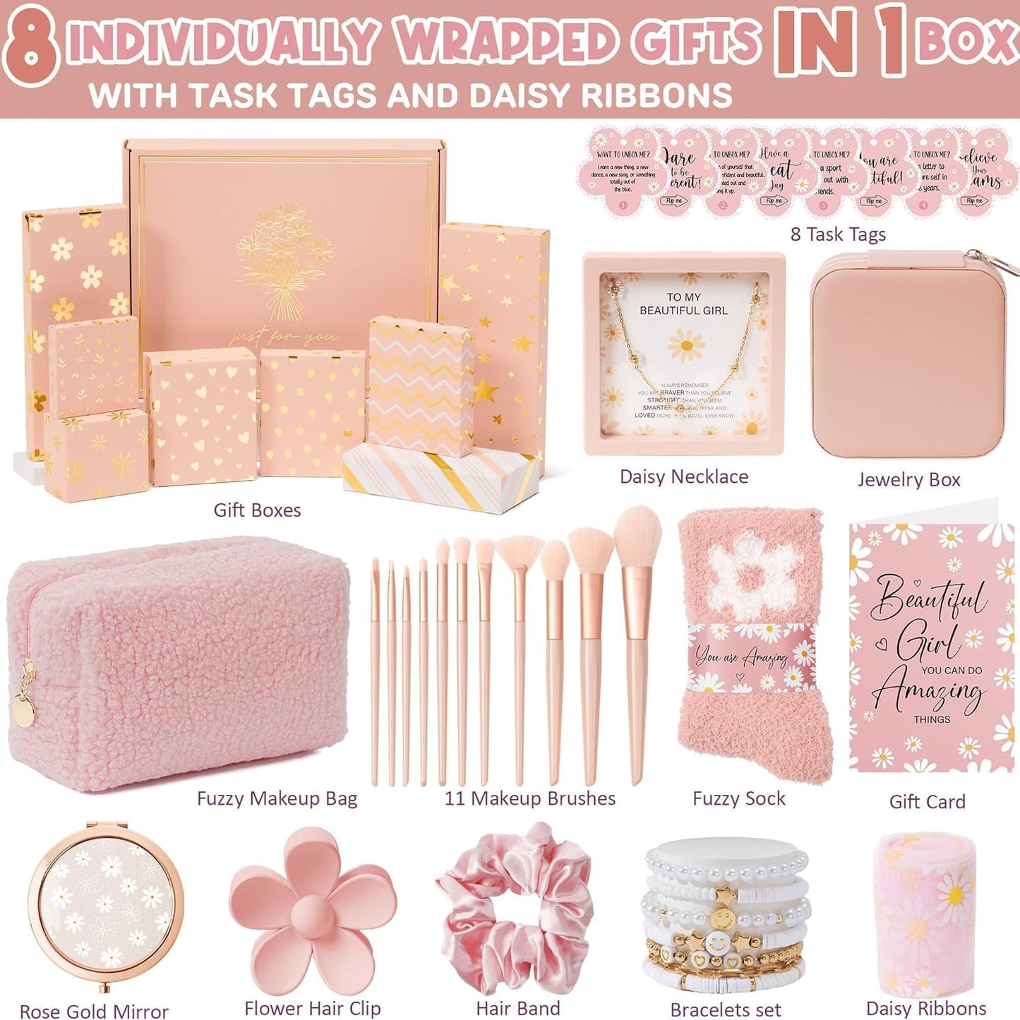 Easter Basket Gifts for Tween & Teen Girls, 8 PCS Birthday Gift Teenage Girl Gifts Trendy Stuff w/Fun Task Tag Makeup Brushes & Bag, Empower Positive Wrapped Gift Prefilled Stuffers for Daughter Niece