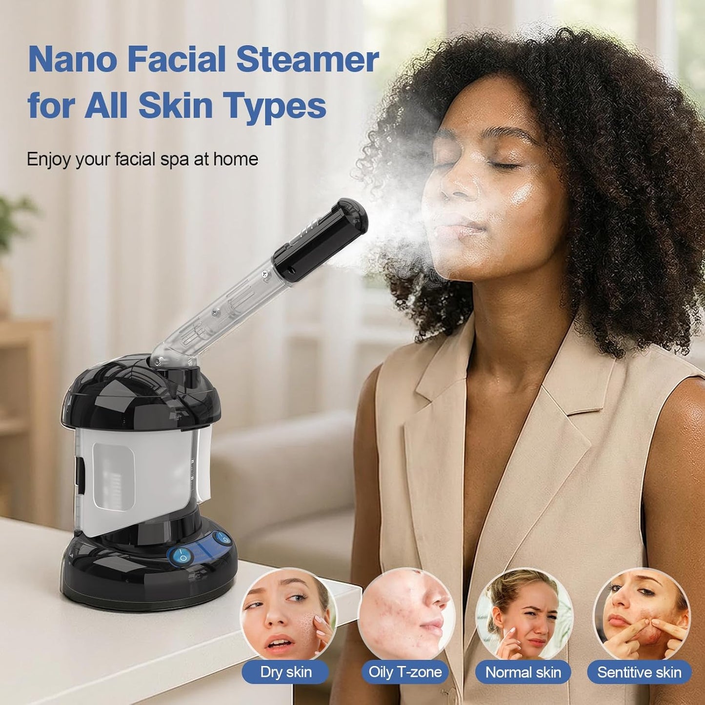 2 in 1 Ozone Facial and Hair Steamer for Personal Care at Home or Salon