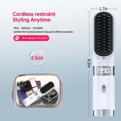 Cordless Hair Straightener Brush - Portable USB Charging Comb with LCD Display (White)