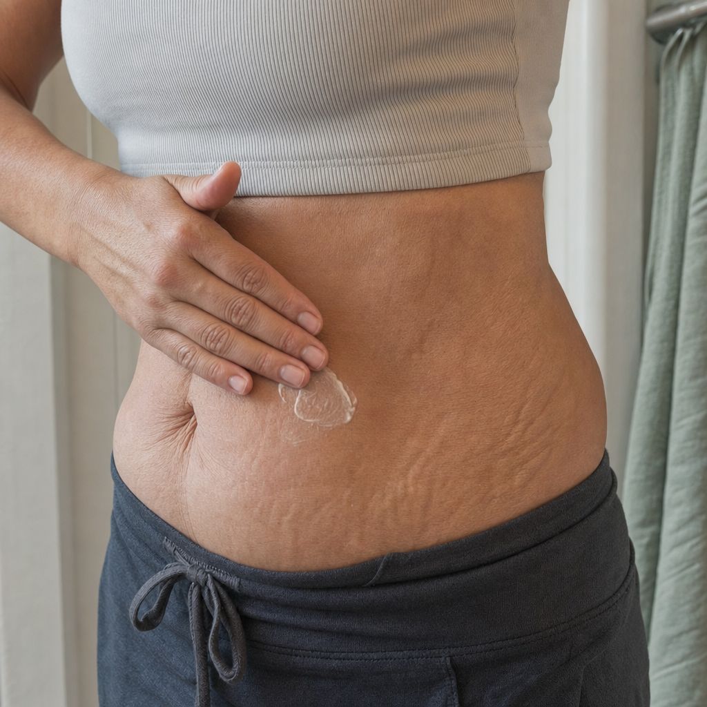 Applying belly cream to changing abdominal skin