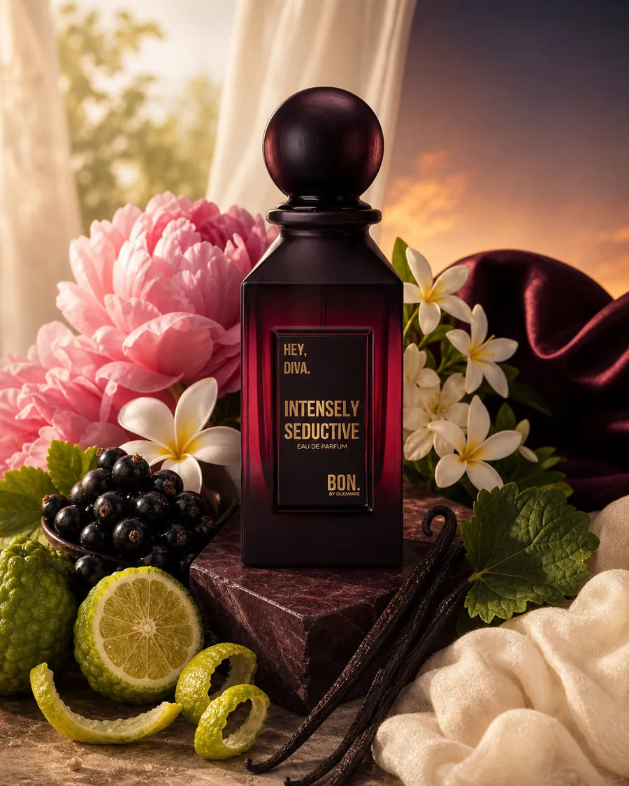 BON perfume surrounded by its fragrance note ingredients