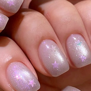 Lilac shimmer manicure finish reference on real nails